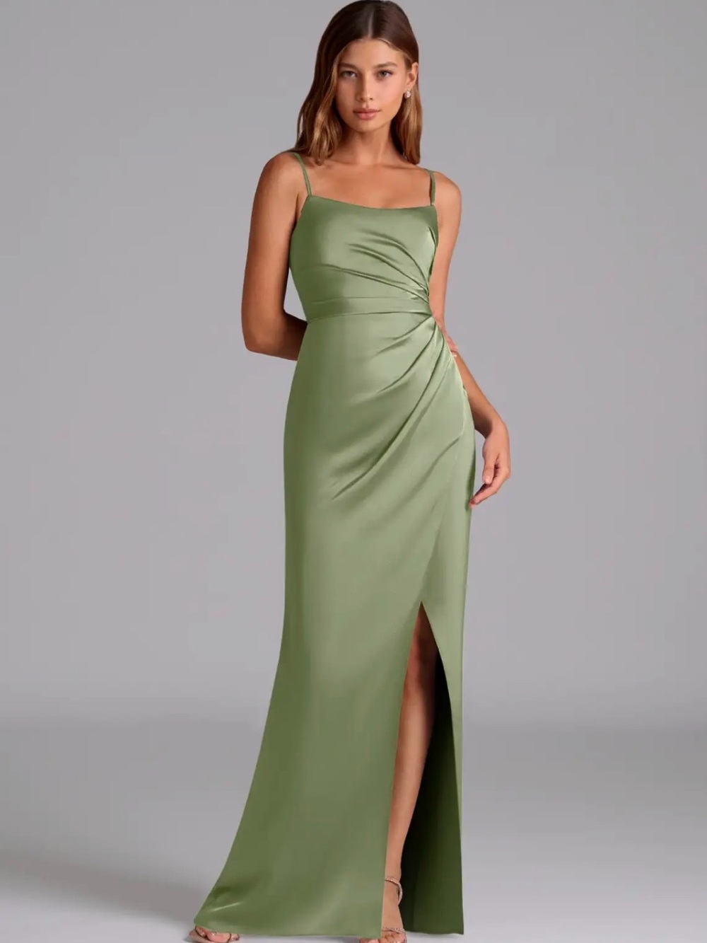 Azazie Calandra Pistachio Sheath Pleated Stretch Satin Dress Green Slit A8
